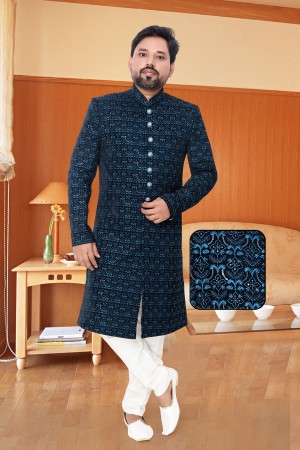 Navy Blue Velvet Indo Western Sherwani